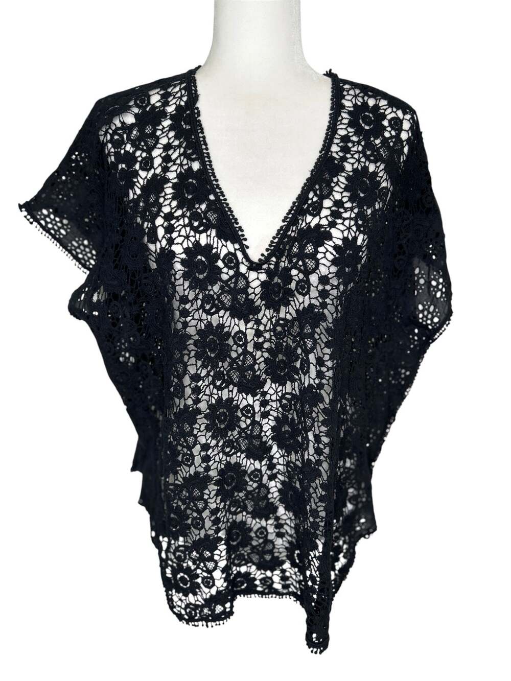 Johnny Was Black Pearla Lace Crochet Front Eyelet Lace Back V-Neck Poncho LG